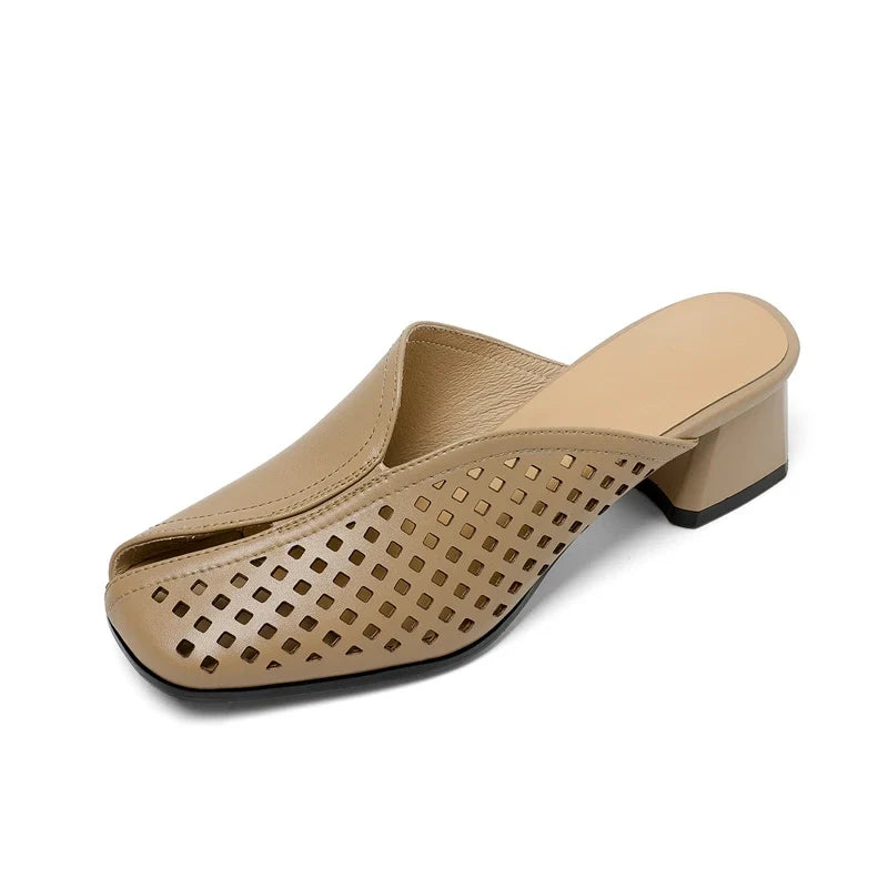 cowhide round head hollow breathable mid Heel