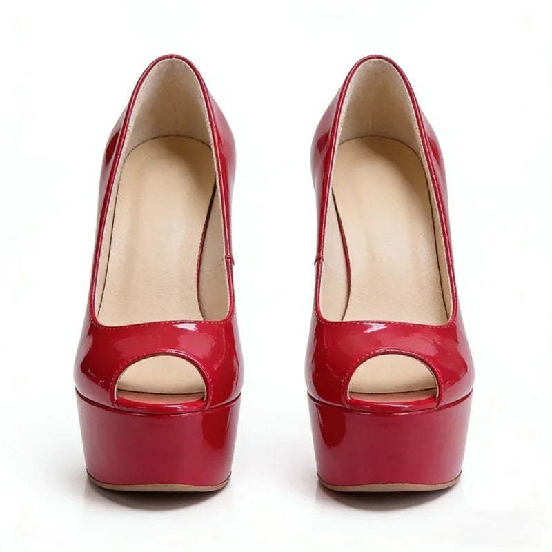 Red Patent Leather Peep Toe Pumps