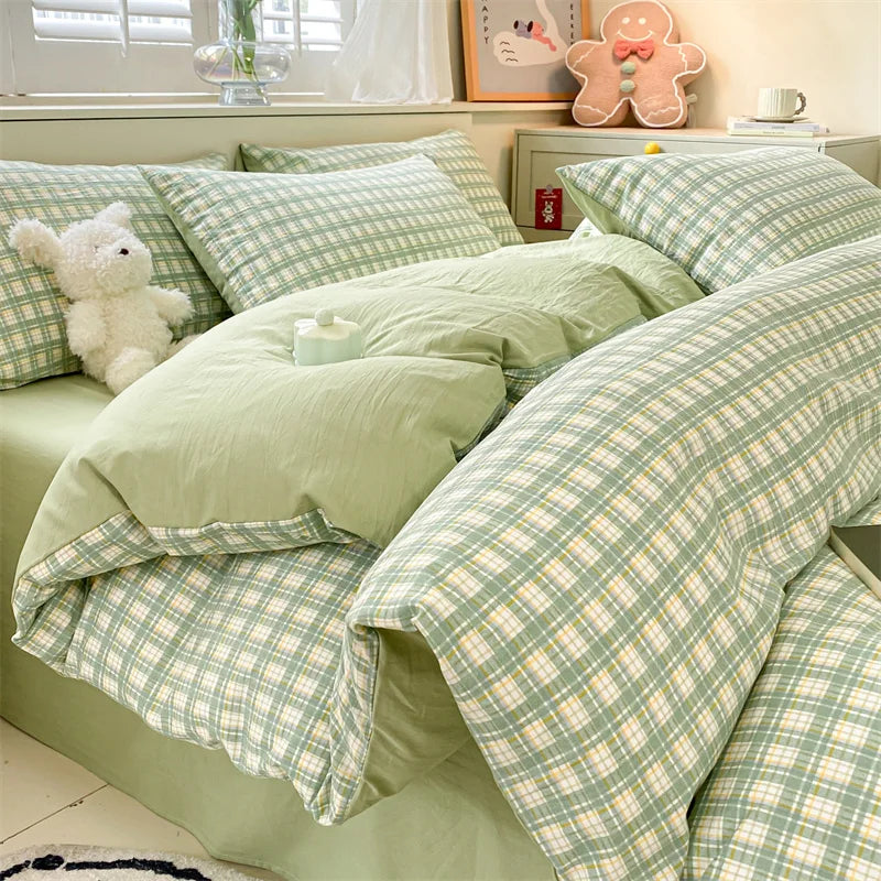 3/4 Pcs Blue Checkered Bedding Set