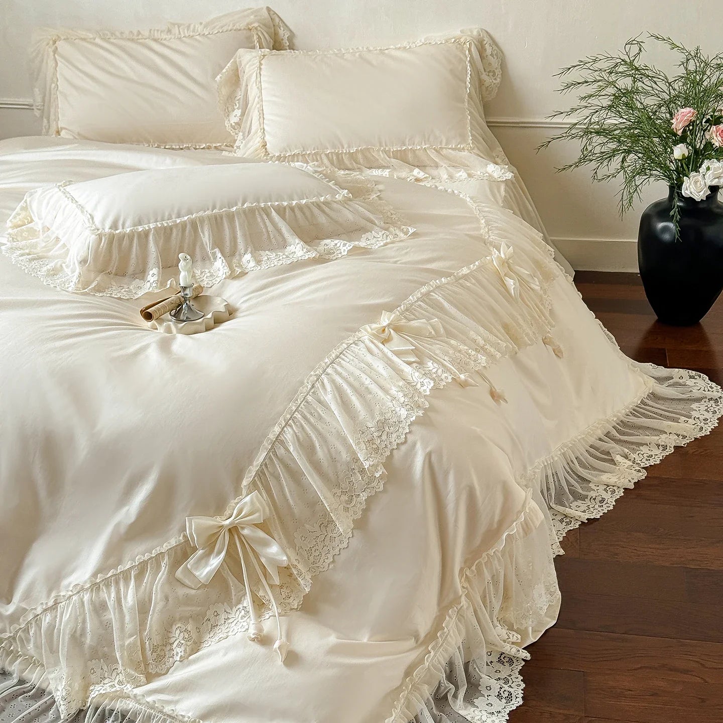 100% Cotton Vintage French Lace Ruffles Bow Princess Wedding Bedding Set