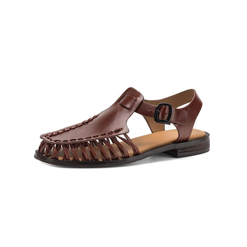 leather cowhide round toe low Heel
