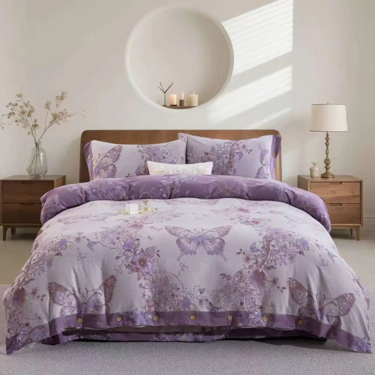 100% Cotton Butterfly Flowers Jacquard Purple Luxury Bedding Set