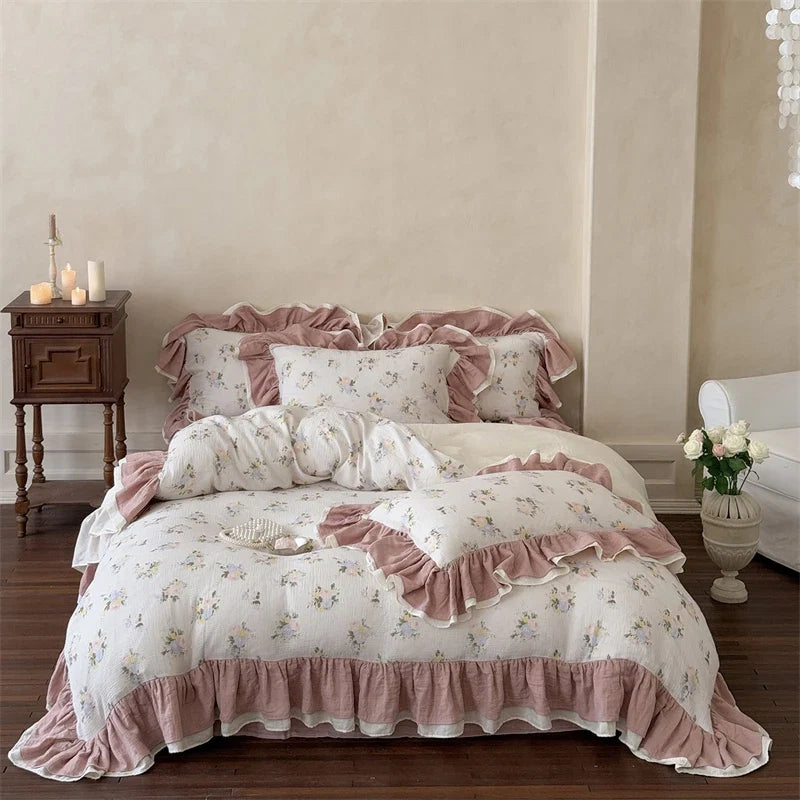 Floral Prints Double Layer Ruffles Bedding Set
