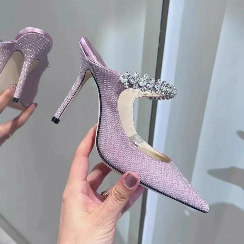 Luxury Rhinestone Patent Leather Bao Head Half Slippers European High Heels