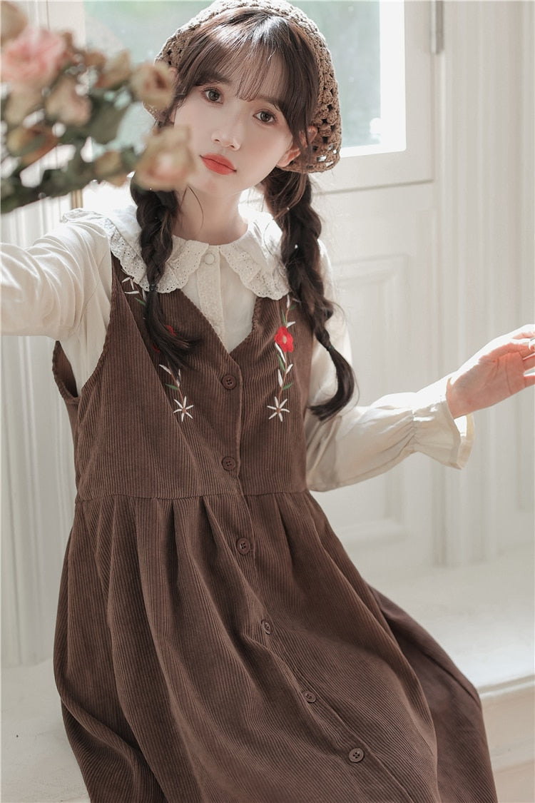 Meadow Petal Corduroy Flower Embroidered Cottagecore Dress