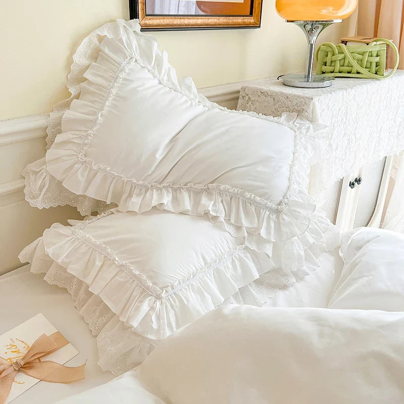 4Pcs White Korean Princess Style 100% Cotton Bedding Set