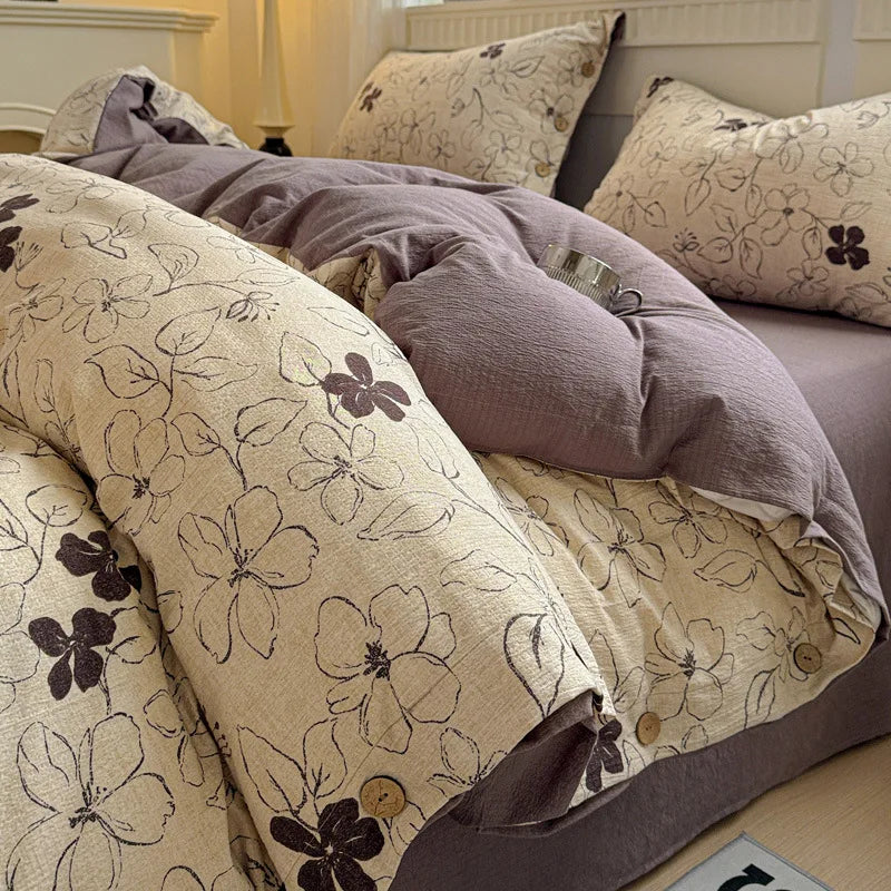 Korean Button Style Floral Print Bedding Set