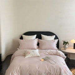 Premium 600TC Egyptian Cotton Luxury Flowers Butterfly Embroidery Pink Bedding Set