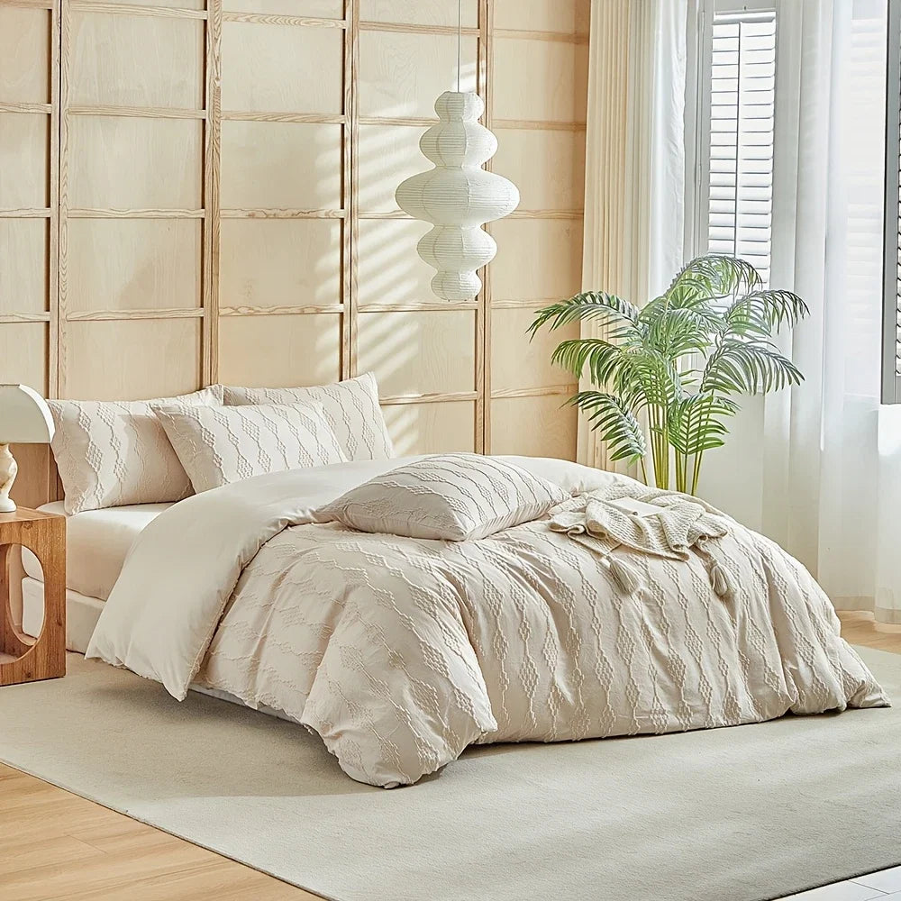 Tufted Boho Duvet Cover Set with Pillowcases Solid Color Soft Microfiber Bedding Set