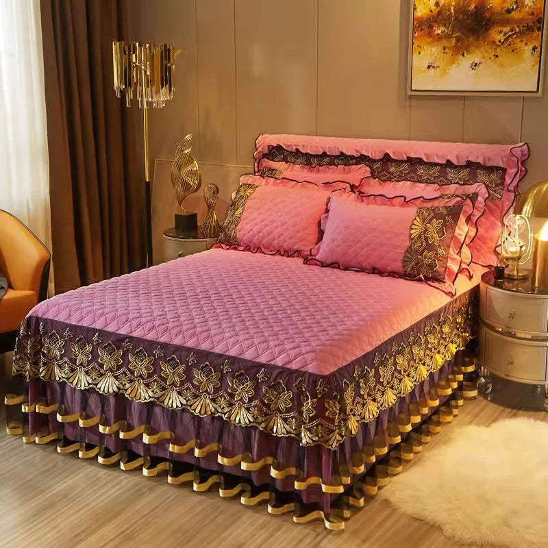 European Style Winter Lace Embroidery Bed Skirt Set High Quality Thickened Bed Cover Bedding Set