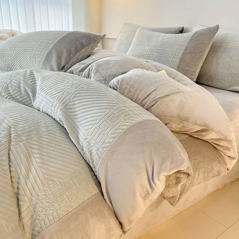 Winter Carved Milk Velvet Duvet Cover Set with Sheet and Pillowcase Thicken Bedding Set