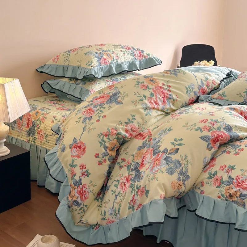 4Pcs Vintage French Floral Ruffles Bedding Set, 100% Cotton, Princess Duvet Cover Set, Quilted Bedspread, Bed Sheet, Pillowcases
