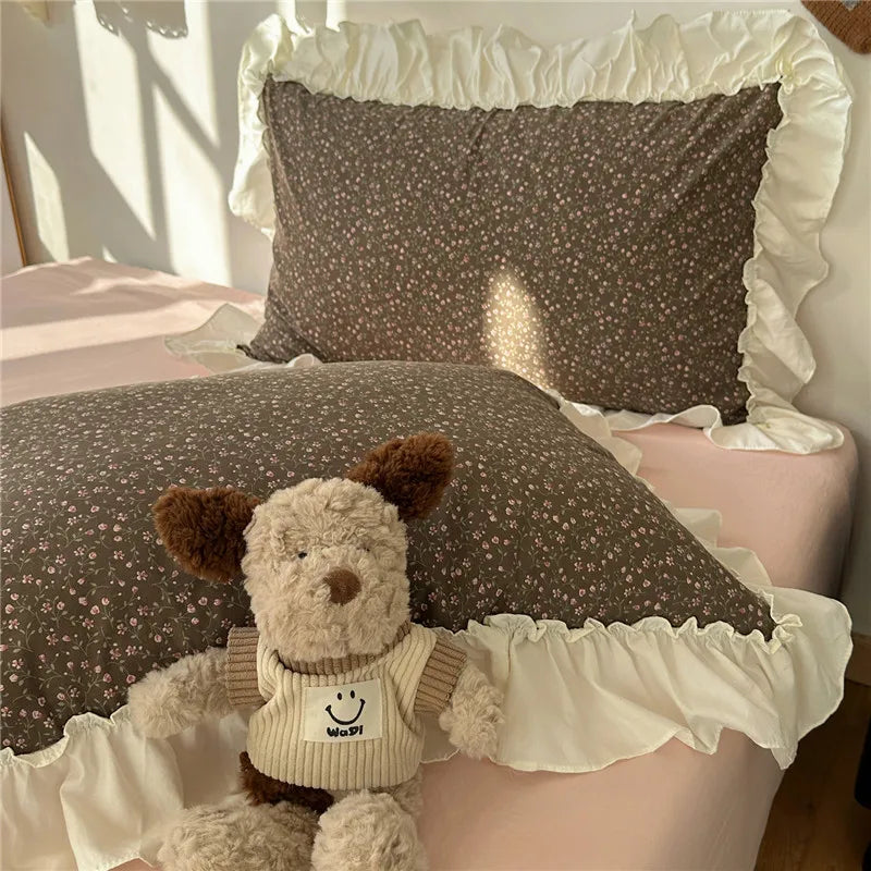 3/4Pcs Korean Princess Style Floral Ruffles Bedding Set