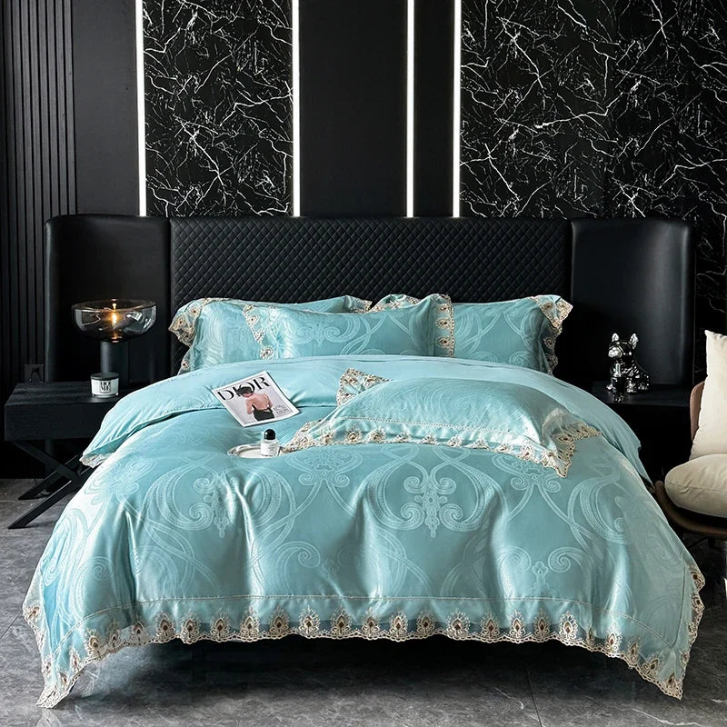 Luxury Euro Gold Satin Jacquard Lace Bedding Set