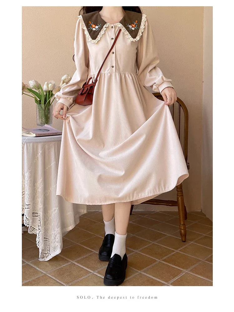 Forest Flower Corduroy Cottagecore Dress with Embroidery