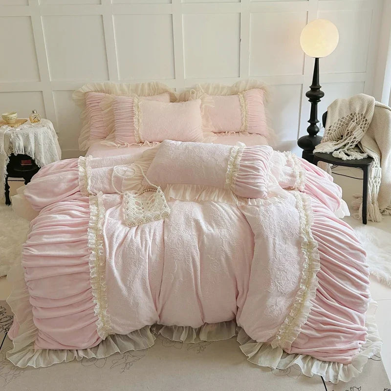 Pink Princess Style Pleated Lace Ruffles Carved Velvet Warm Soft Bedding Set