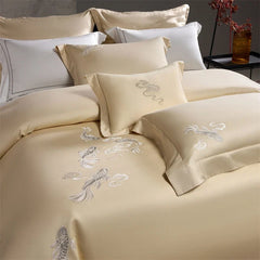 Chinese Style Koi Embroidery 1000TC Lyocell Cotton Brushed Bedding Set