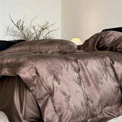 Luxury Lyocell Cotton Jacquard Bedding Set, Scenic Pattern Duvet Cover Set with Pillowcases, Soft Bed Sheet/Fitted Sheet, 4Pcs