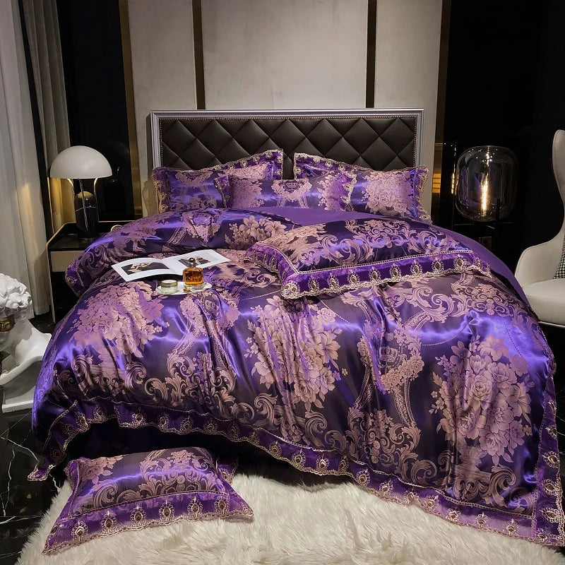 Luxury Euro Gold Satin Jacquard Lace Bedding Set