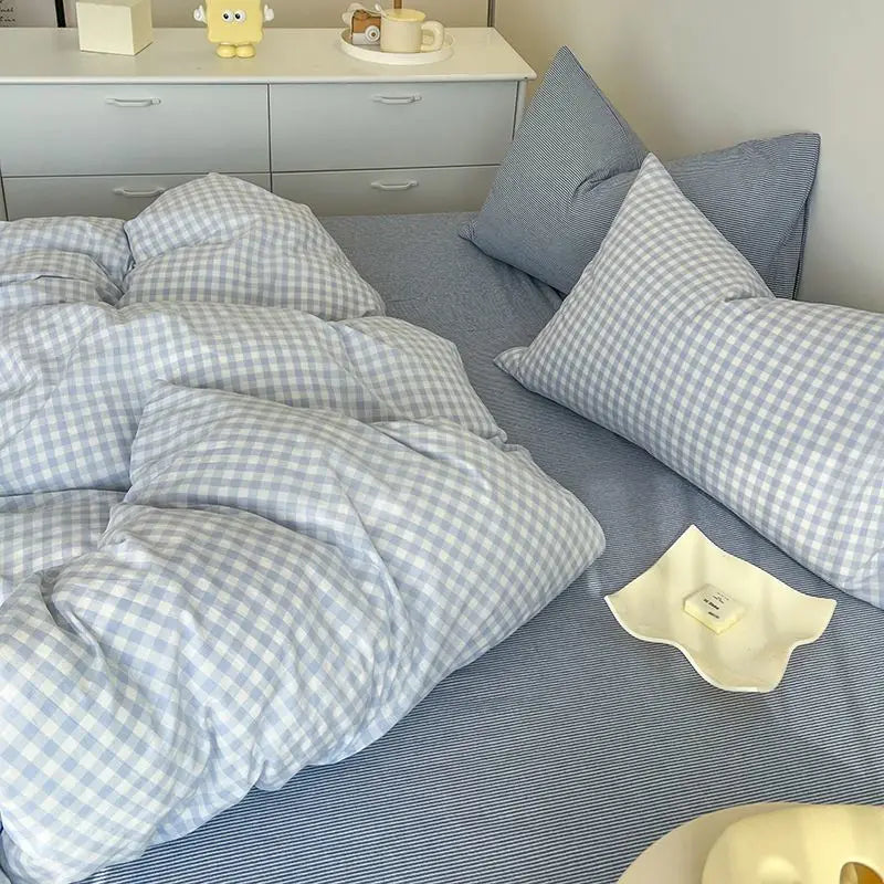 Ins Pink Plaid Bedding Set
