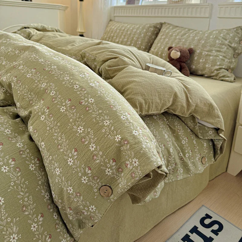 Korean Button Style Floral Print Bedding Set