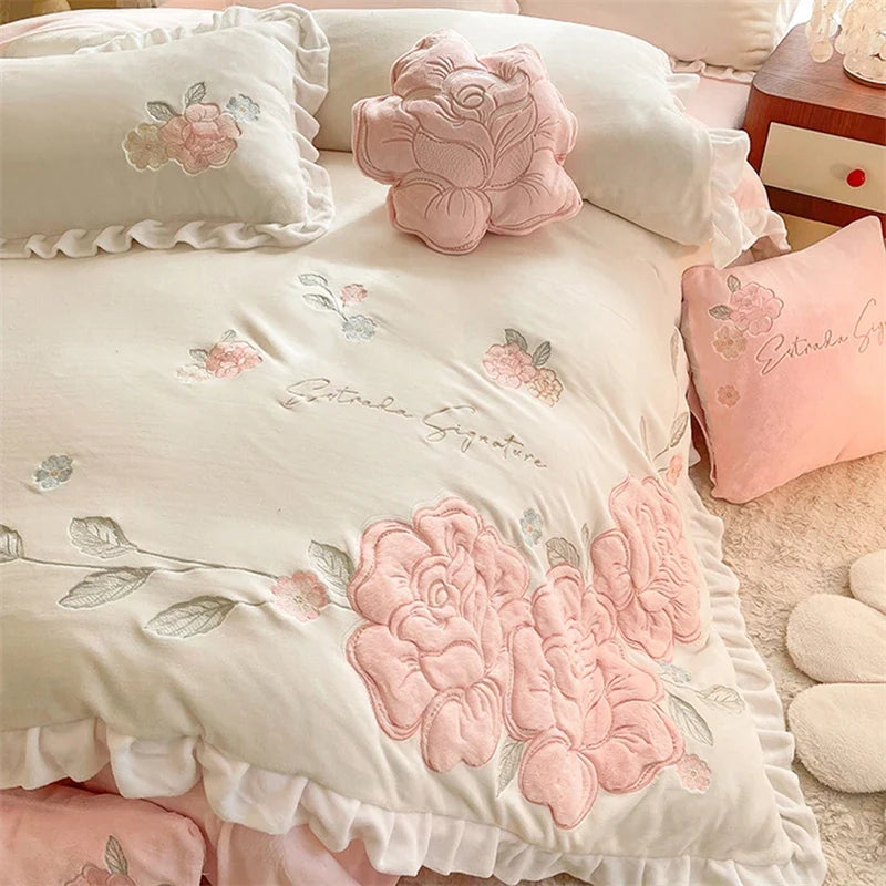Flowers Embroidery Ruffles Velvet Soft Bedding Set