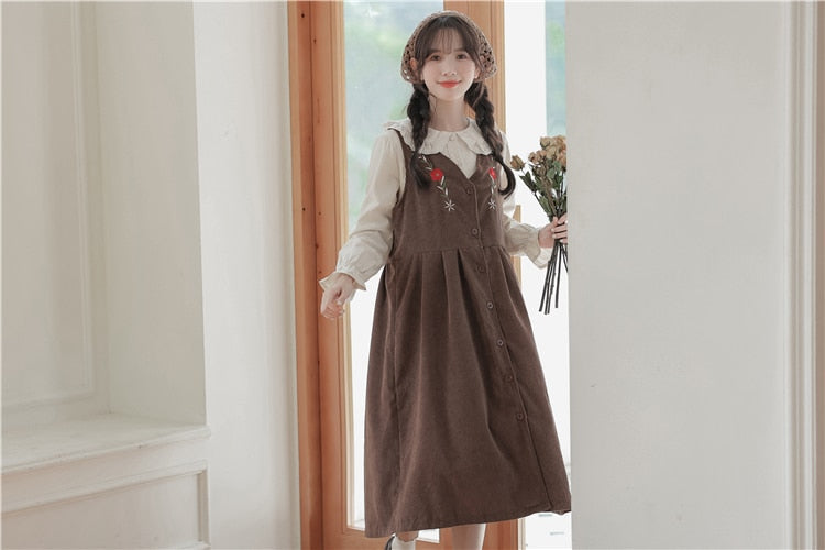 Meadow Petal Corduroy Flower Embroidered Cottagecore Dress