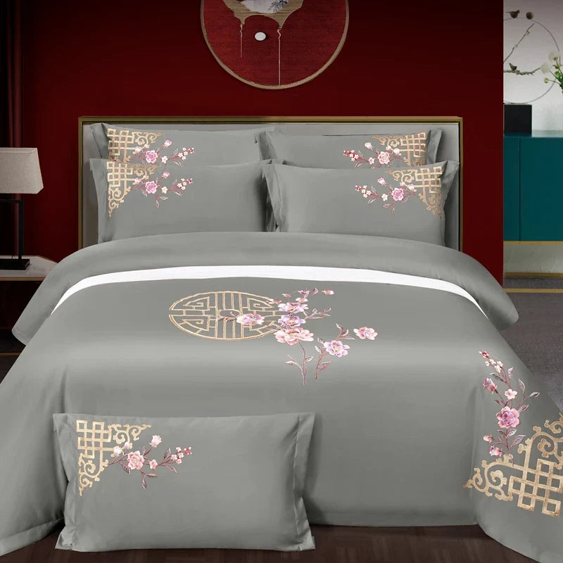 100% Cotton Luxury Oriental Golden Geometric Pattern Flowers Embroidery Bedding Set