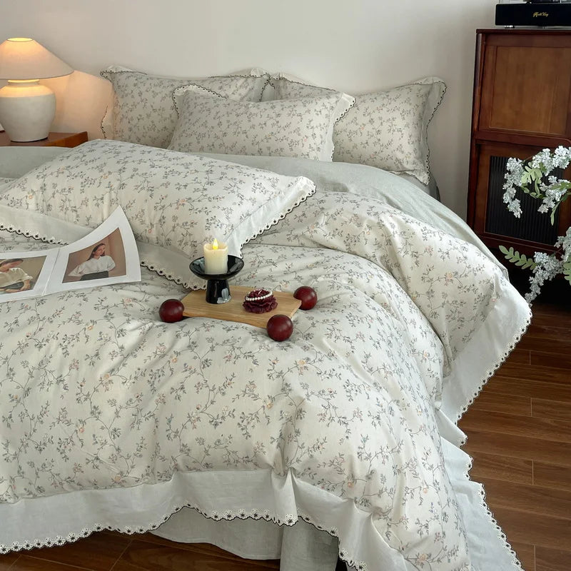 Vintage Floral Print Lace Luxury Bedding Set
