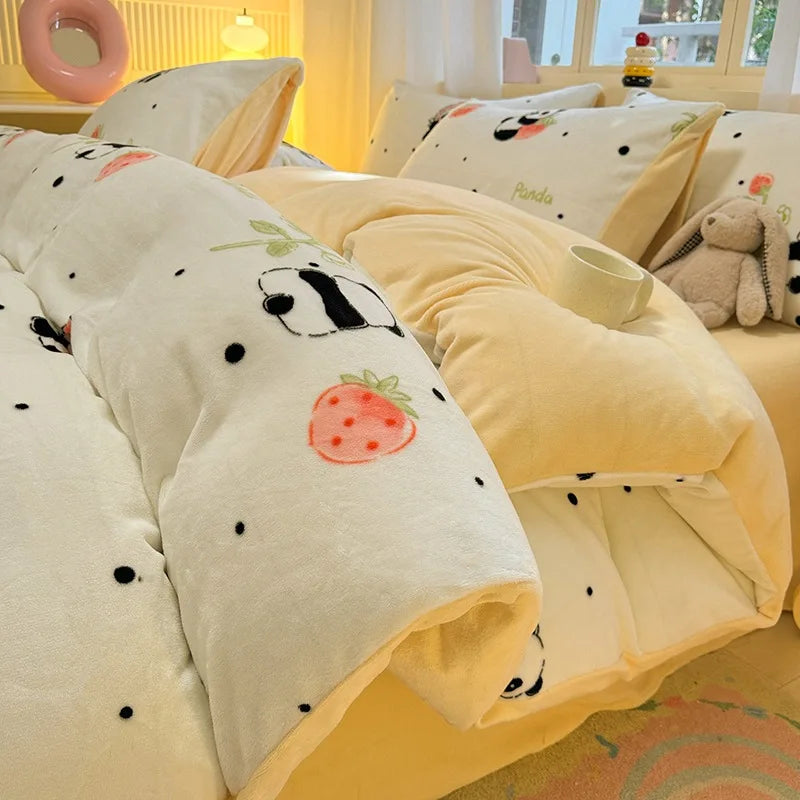 Cute Cartoon Winter Warm Quilt Cover Set Queen Bedding Set