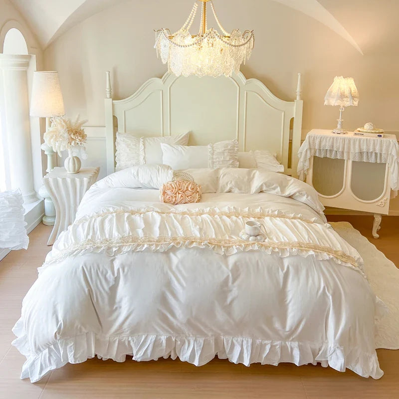 4/6Pcs Cream White Pink Princess Wedding Bedding Set