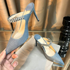 Luxury Rhinestone Patent Leather Bao Head Half Slippers European High Heels