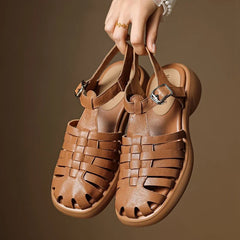 leather cowhide midsole elastic buckle thick sole hollow breathable toe Roman Shoes