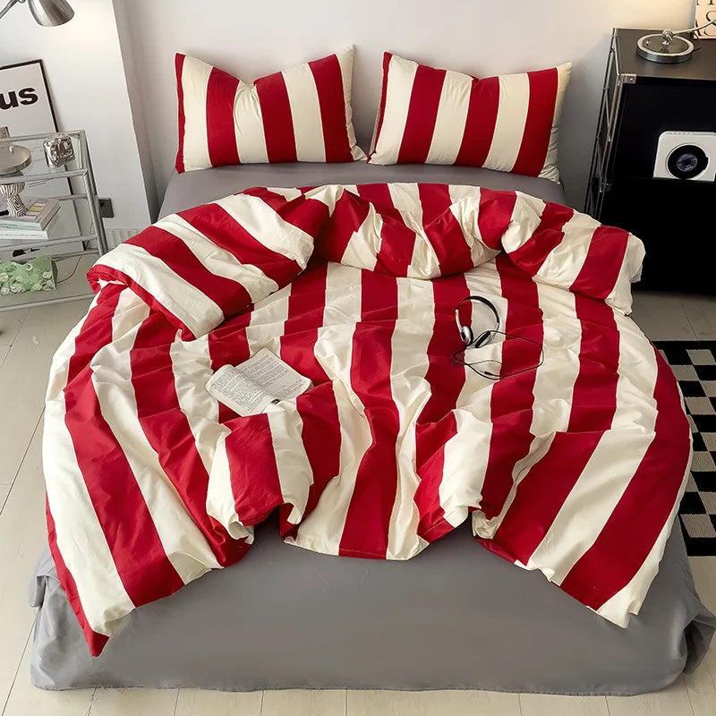 Simple Green Striped Duvet Cover Bed Sheet Pillowcase Set Full Queen King Cotton Bedding Set