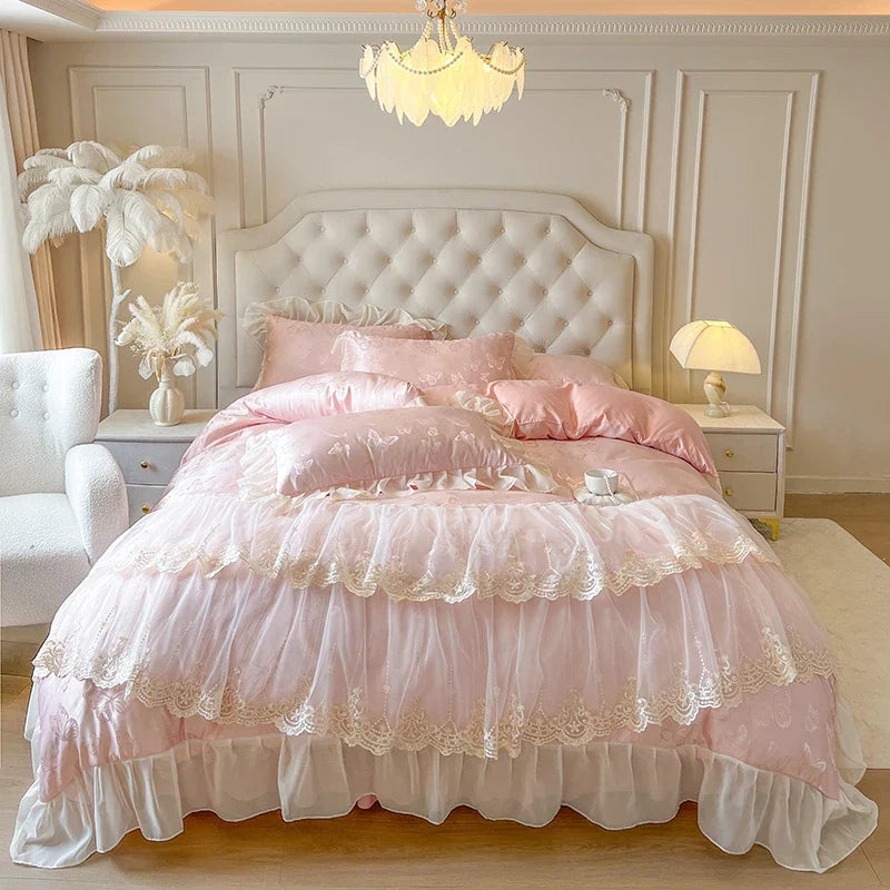 4/6Pcs Pink Butterfly Jacquard Three-layer Lace Ruffles Princess Wedding Bedding Set