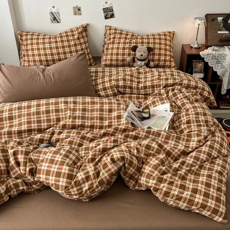 Vintage Double Sided Red Plaid Bedding Set