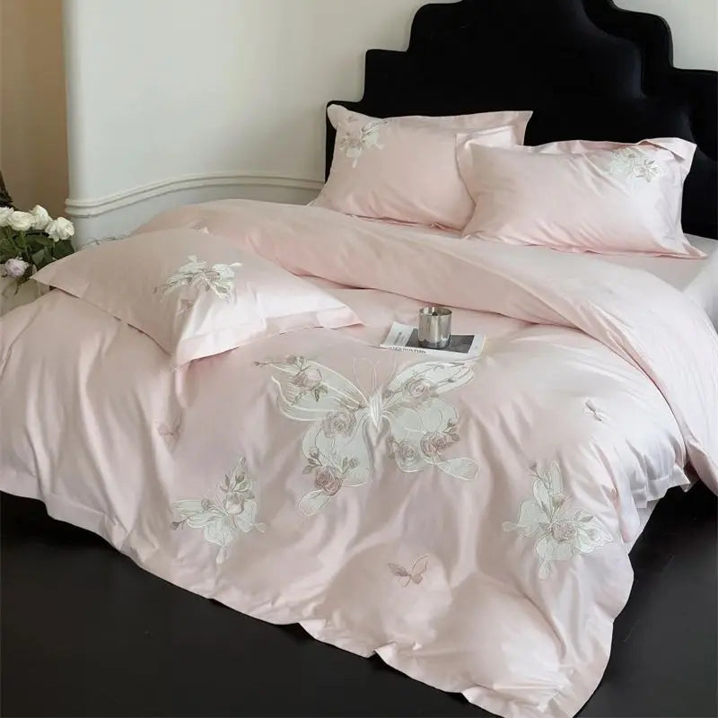 Premium 1000TC Egyptian Cotton Luxury Butterfly Embroidery White Bedding Set