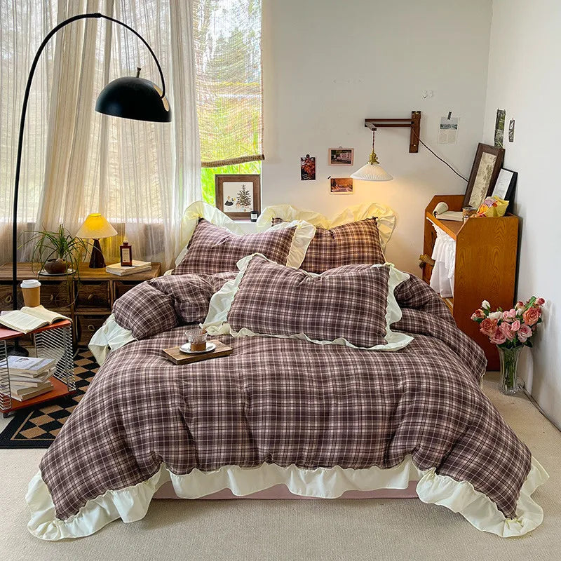 3/4Pcs Grid Stripes Ruffles Bedding Set