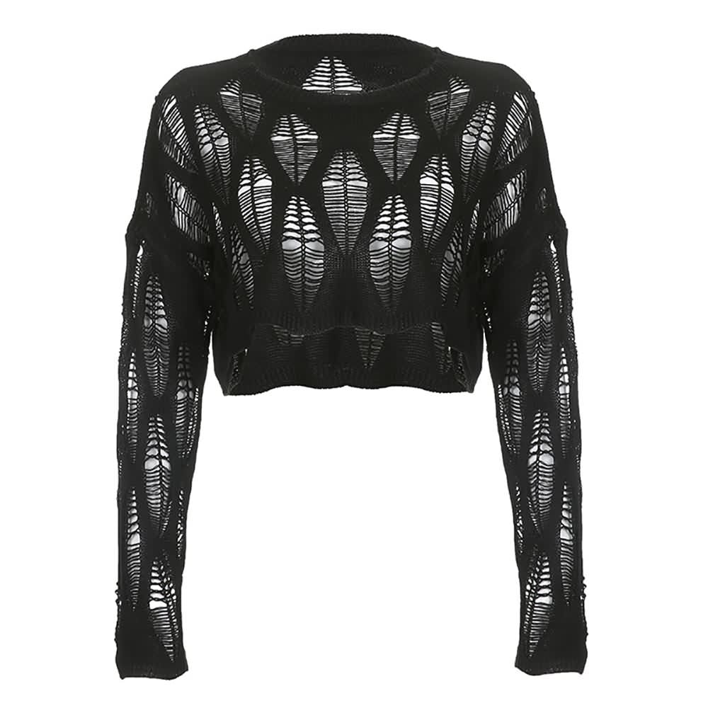 Distressed Gothic Crop Sweater With Full Long Sleeves