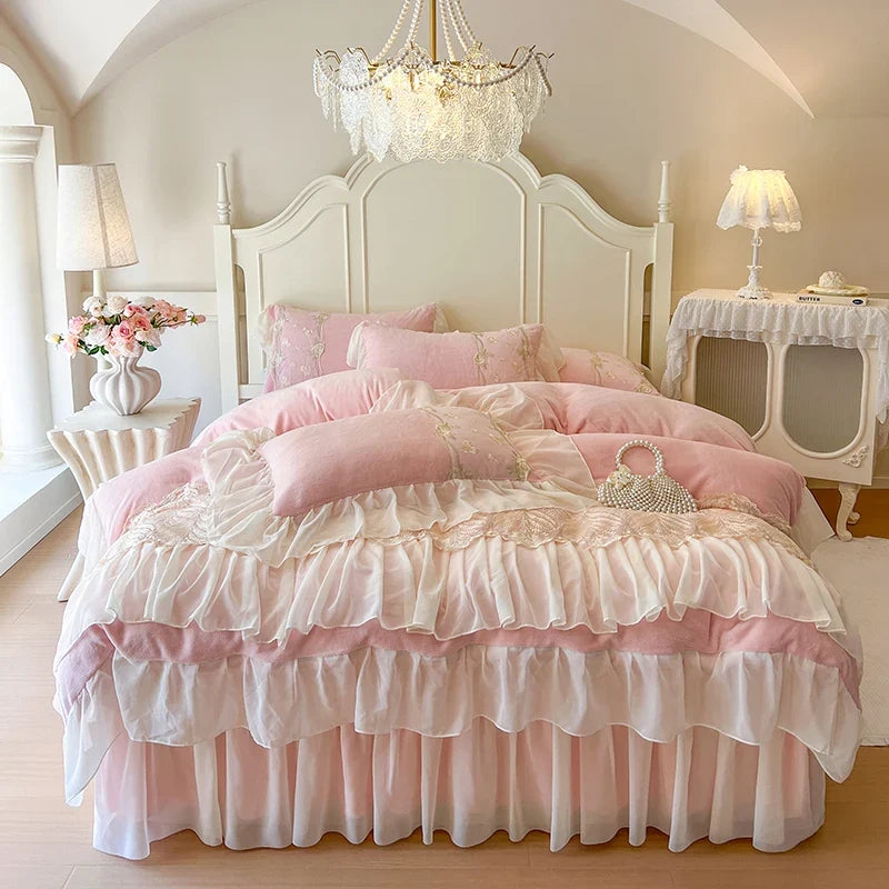 Lace Ruffles Embroidery Milk Velvet Winter Warm Thickened Princess Bedding Set