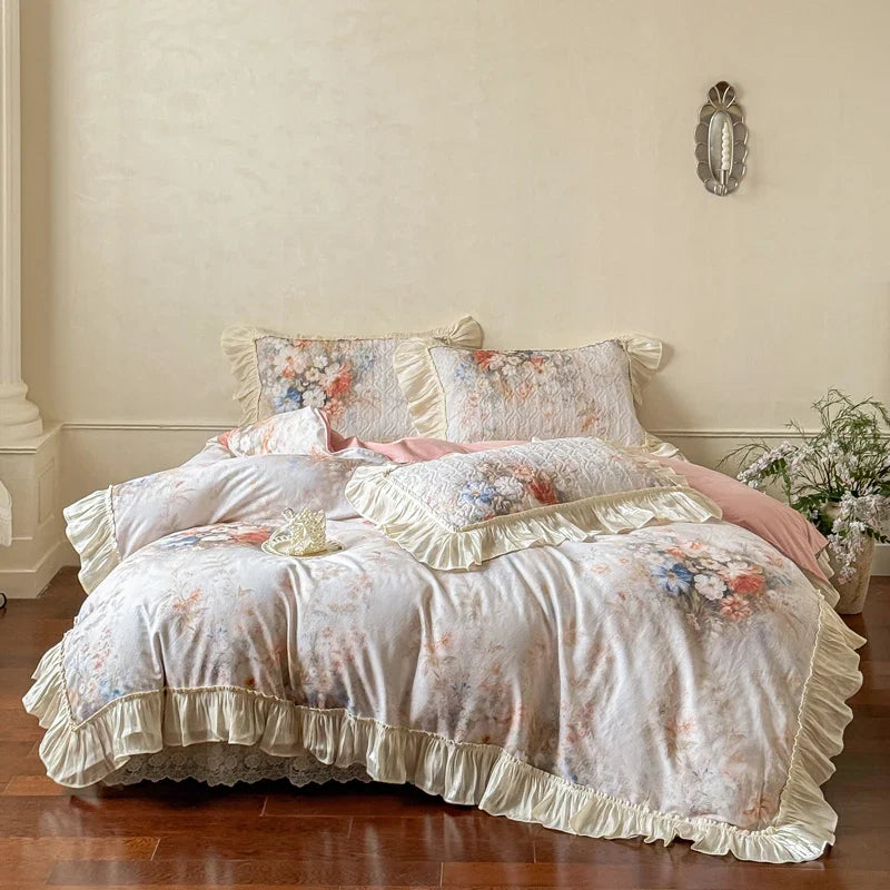 Korean Princess Style Floral Ruffles 100% Cotton Bedding Set