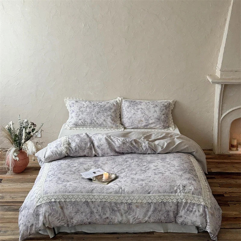 Natural Cotton Linen Butterfly Flowers Prints Lace Bedding Set