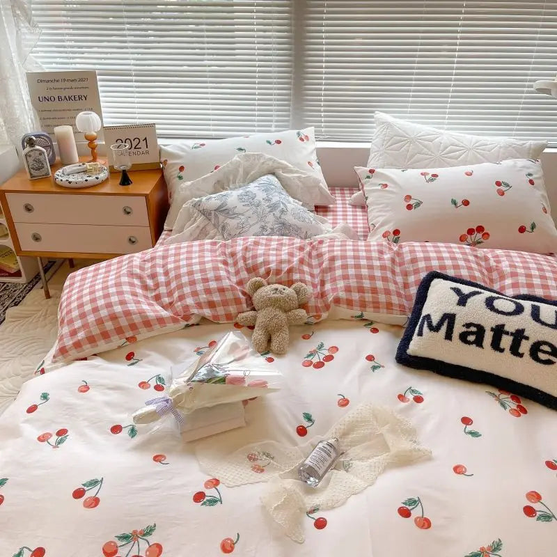 Cute Cherry Duvet Cover Set with Pillowcase Soft Summer Thin Flat Sheet Floral Boys Girls Queen Full Size Home Bedding Kit