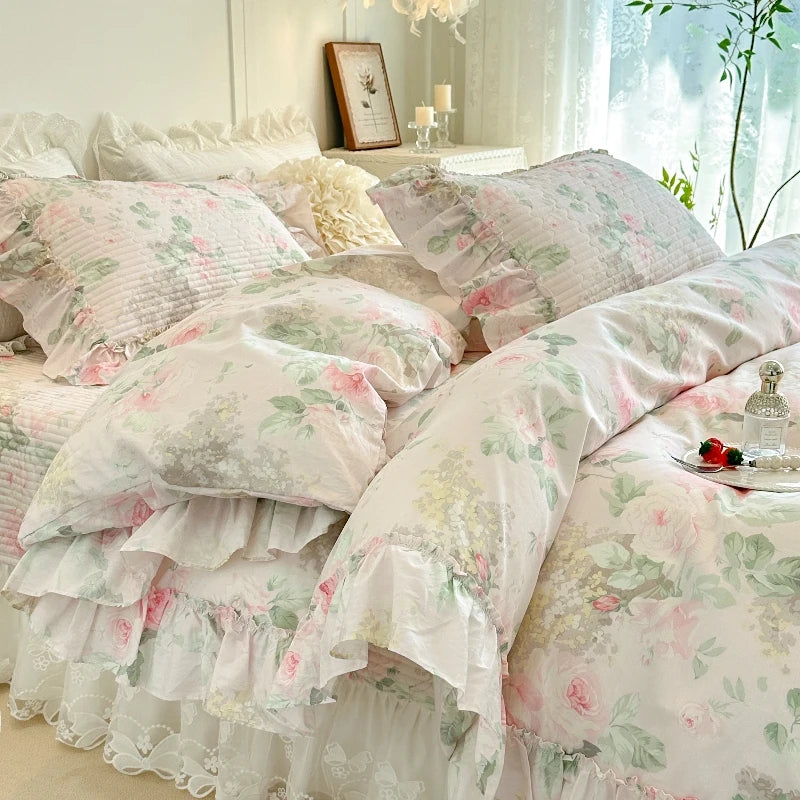 4/6Pcs Pure Cotton French Flowers Prints Ruffles Princess Bedding Set