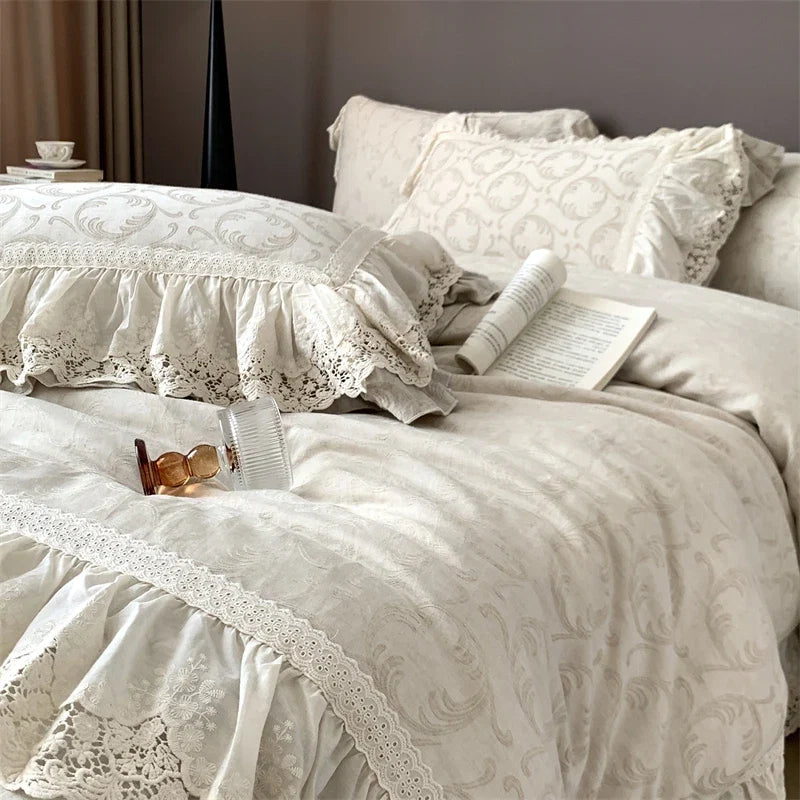 Vintage French Large Lace Ruffles Natural Cotton Linen Princess Bedding Set