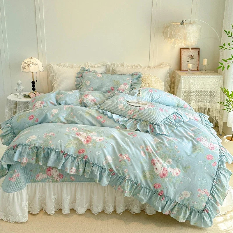 4/6Pcs Pure Cotton French Flowers Prints Ruffles Princess Bedding Set