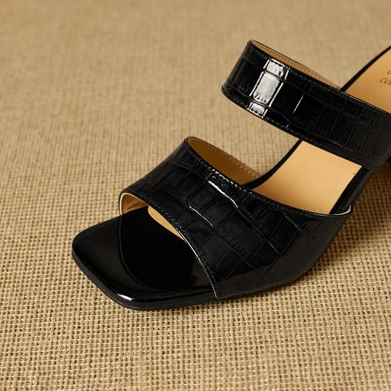 leather embossed cowhide high-heeled retro open toed fish mouth Shoes
