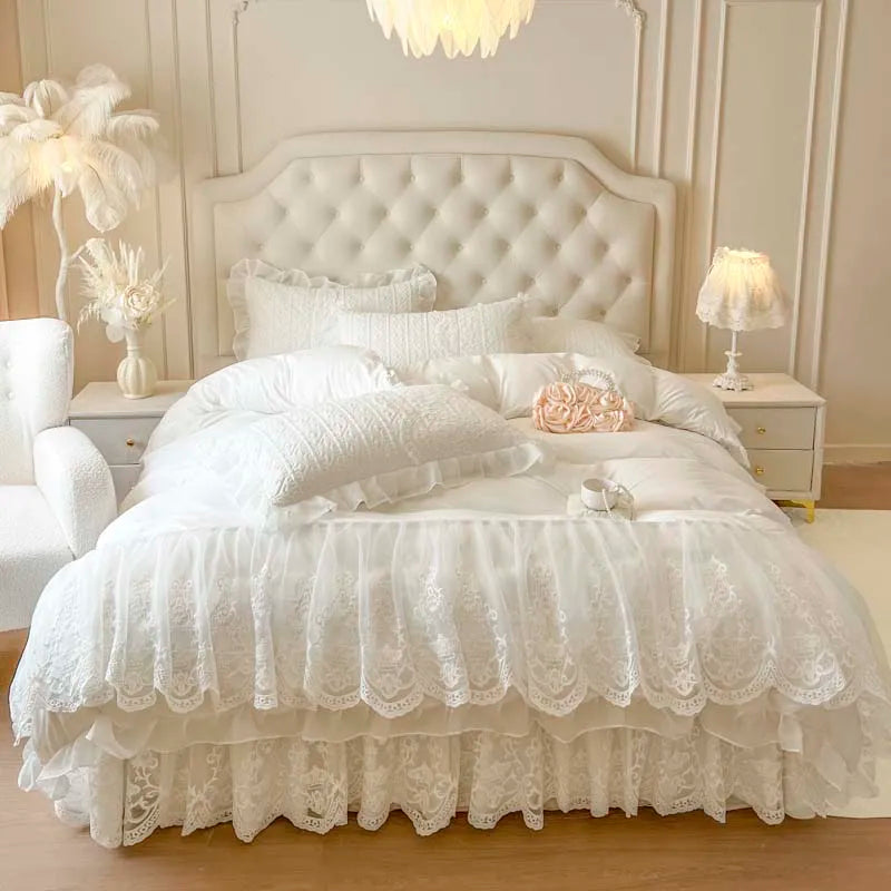 4/6Pcs Pink Princess Wedding Lace Embroidery Korean Style Bedding Set