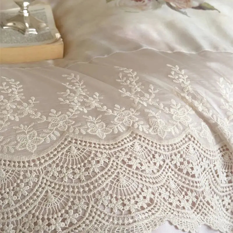 Vintage French Rose Flower Print Lace Bedding Set