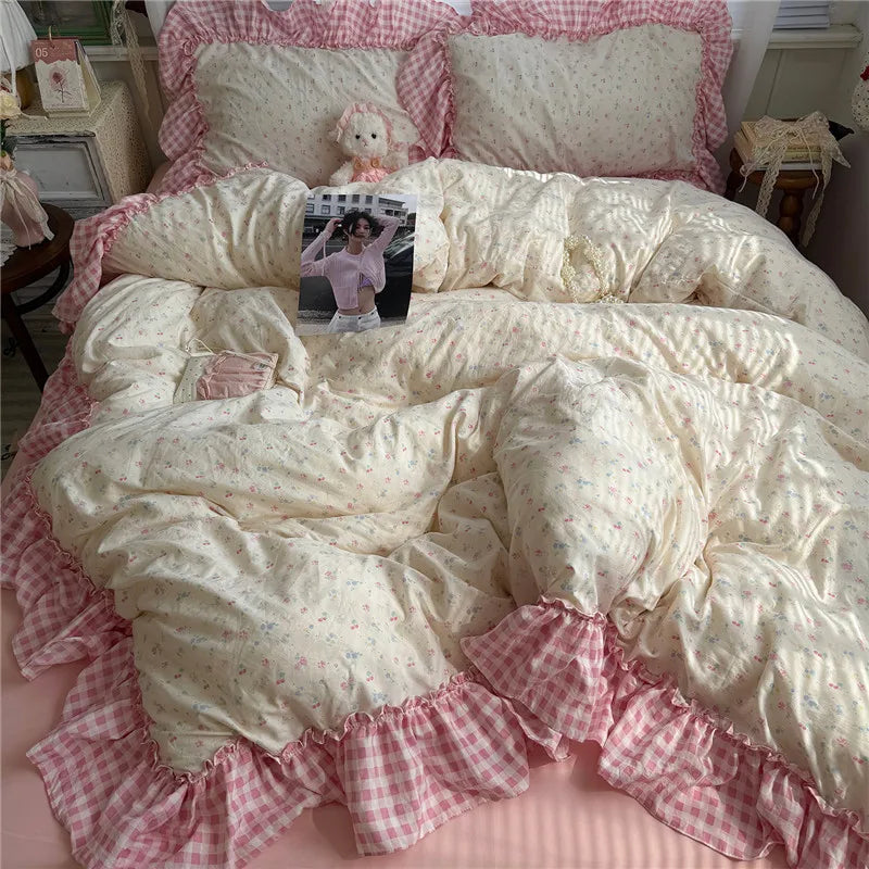 Korean Princess Style Floral Ruffles Bedding Set